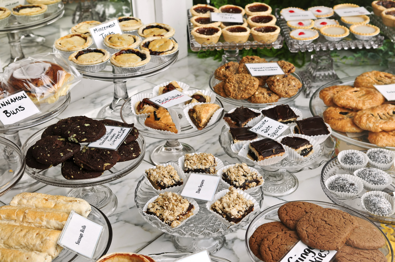 Desserts in bakery window