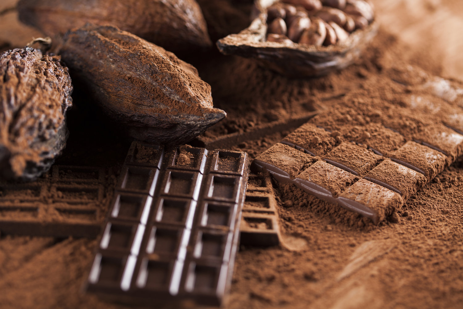 Dark homemade chocolate bars and cocoa pod on wooden