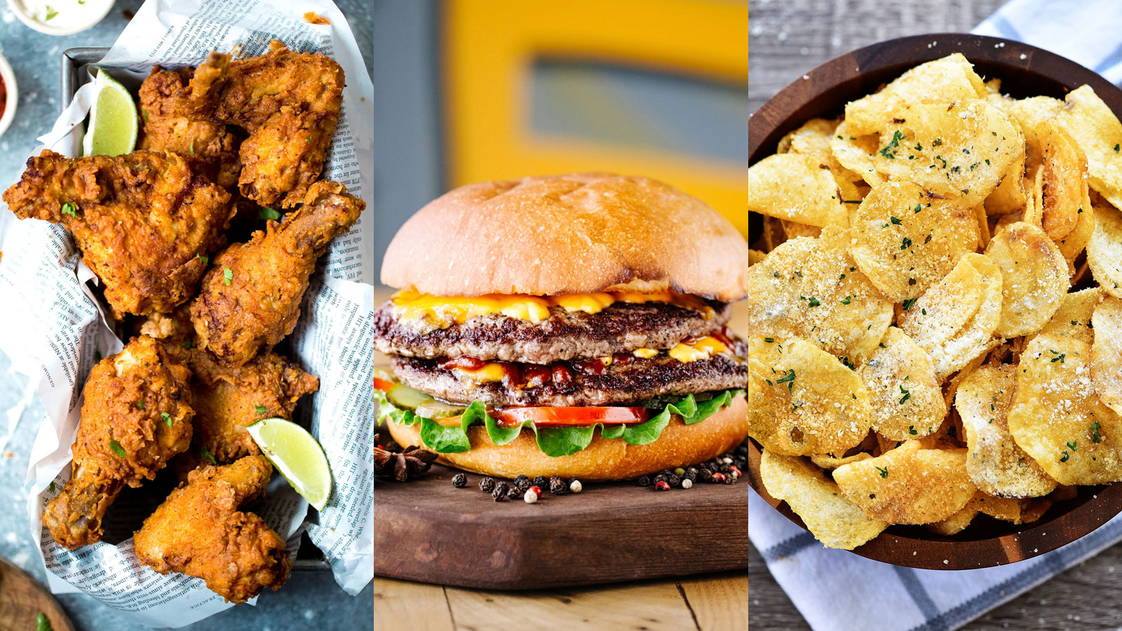 You got: Fried Chicken, Cheeseburger, and Potato Chips! Can We Guess Which Three Foods You Love the Most?