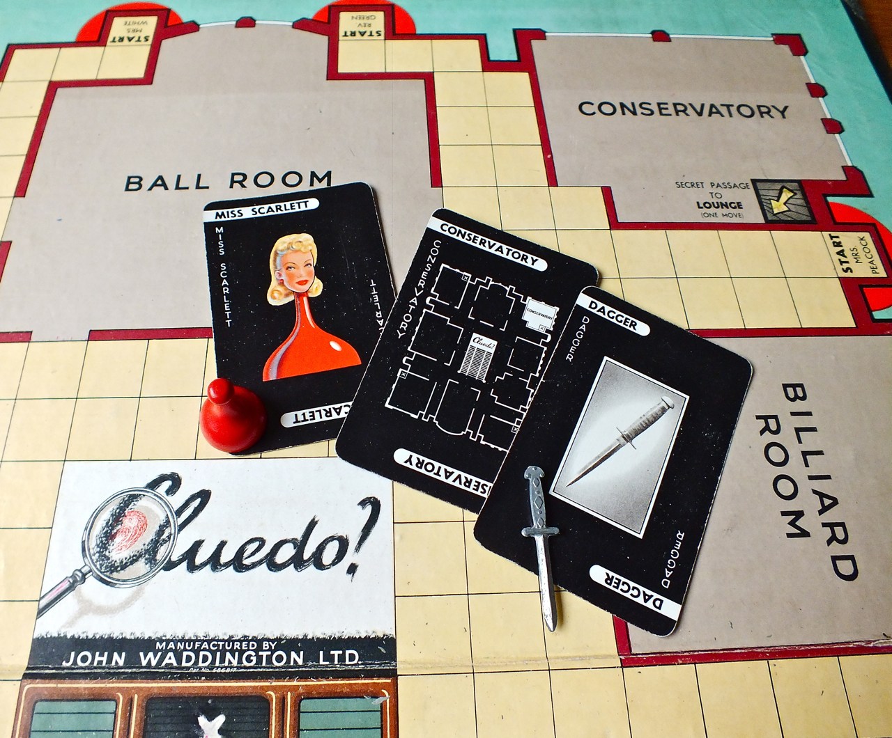 Cluedo, 1949, Waddingtons, first edition; Miss Scarlett in the Conservatory with the Dagger