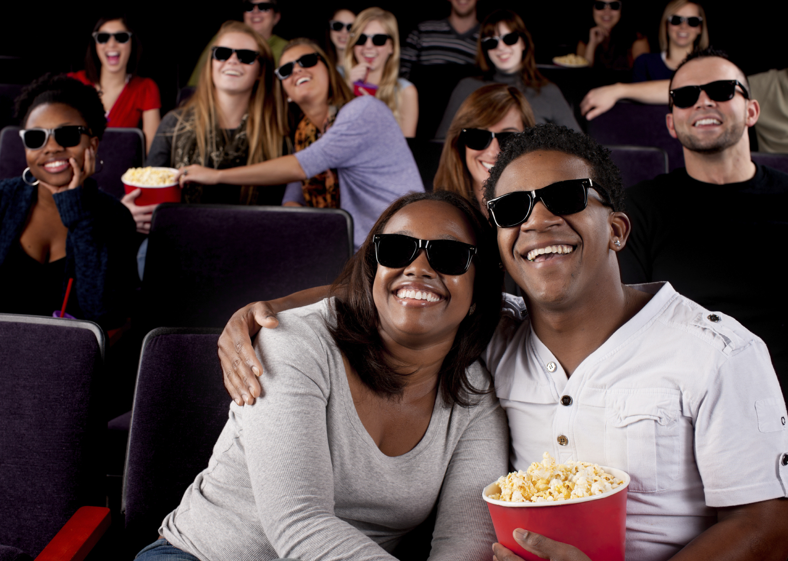 Movie Marathon Quiz Real People Audience: Group Black Couple Watching Movie Theater 3D