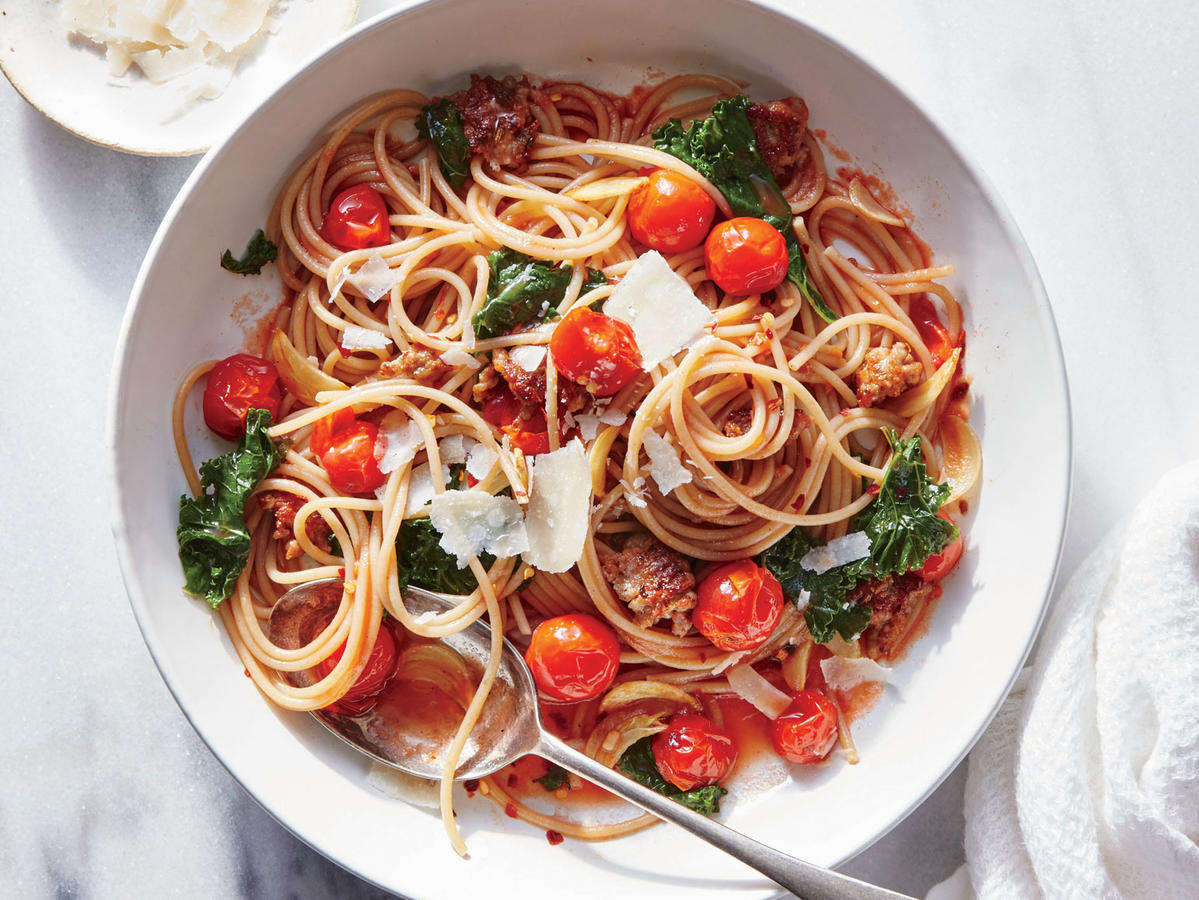 Can We Guess Where You Grew up by Your Taste in Food? garlicky kale sausage tomato pasta 1709p42