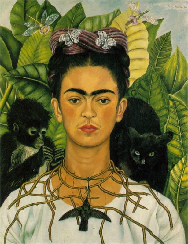 Self Portrait With Thorn Necklace And Hummingbird Painting By Frida Kahlo