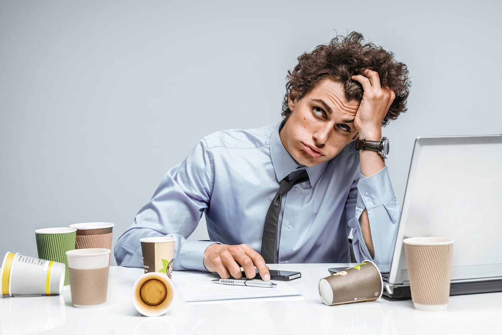 Me Time Quiz Overworked Man Looking Tired Coffee Cups