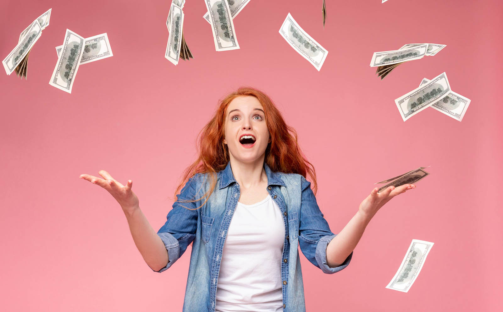 Light Triad Test Woman Flying Money Winning the lottery windfall