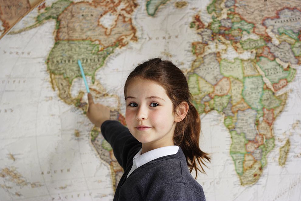 Earth Day Quiz Girl Child Kid Pointing At World Map Geography
