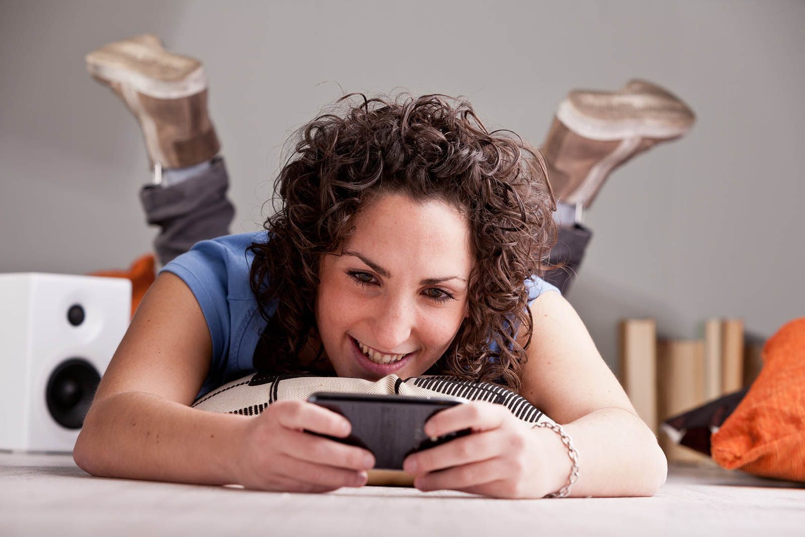 Social Media Addiction Quiz Woman Playing Games Mobile Cellphone