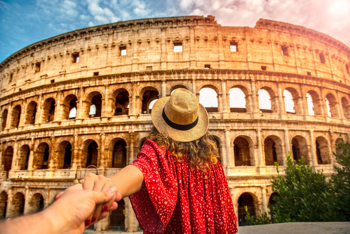 Pasta Love Analysis Quiz Tourist on vacation in front of Colosseum Rome Italy