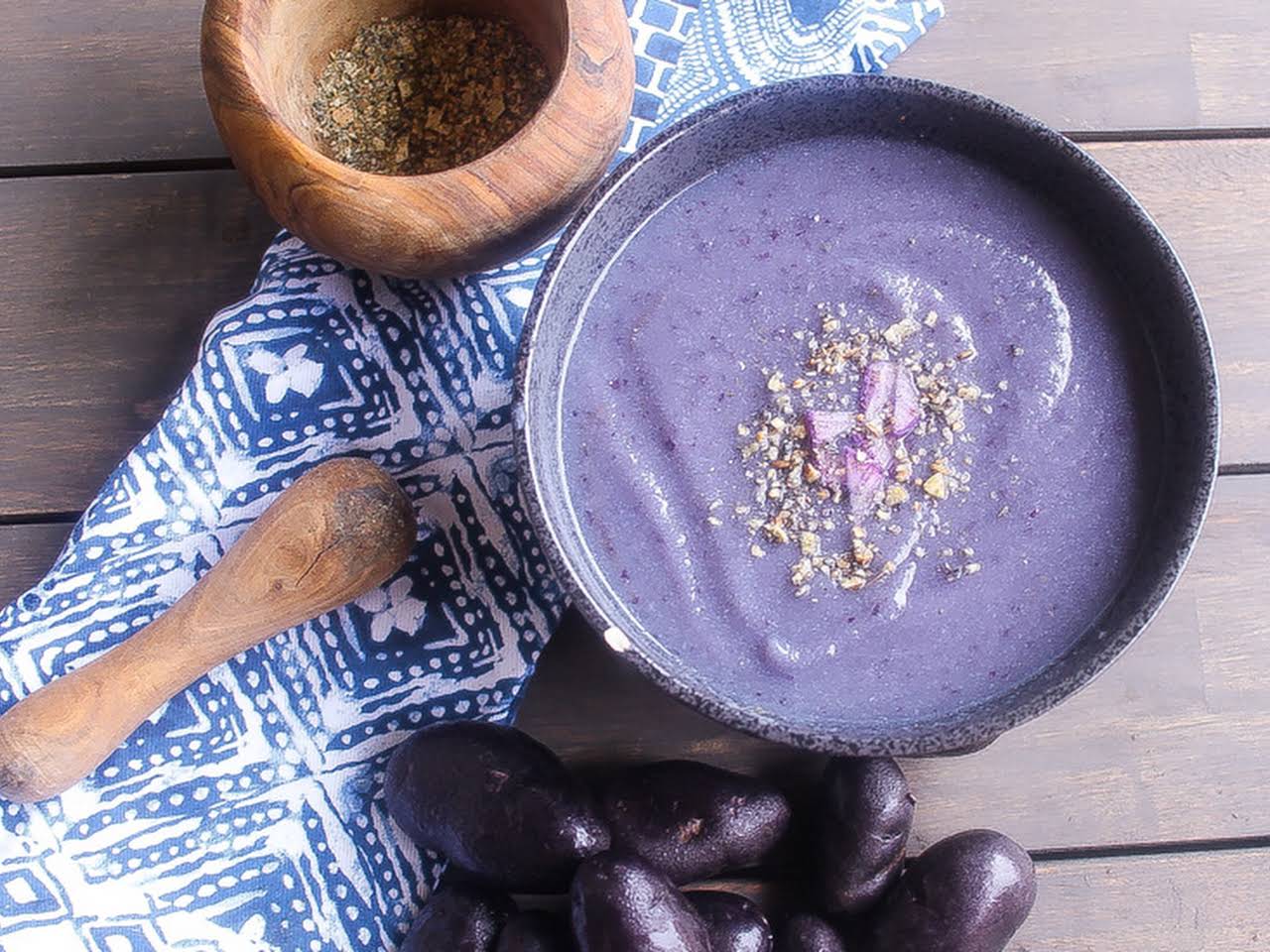 Purple sweet potato and cauliflower soup