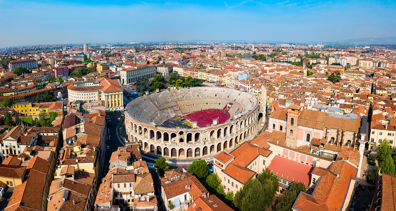 Verona Arena Aerial Panoramic View. Arena Is A Roman Amphitheatre In Piazza Bra Square In Verona, It