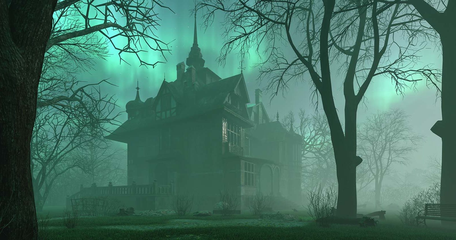 Trick-or-Treating Quiz Old haunted abandoned mansion in creepy night forest with cold fog atmosphere, 3d rendering