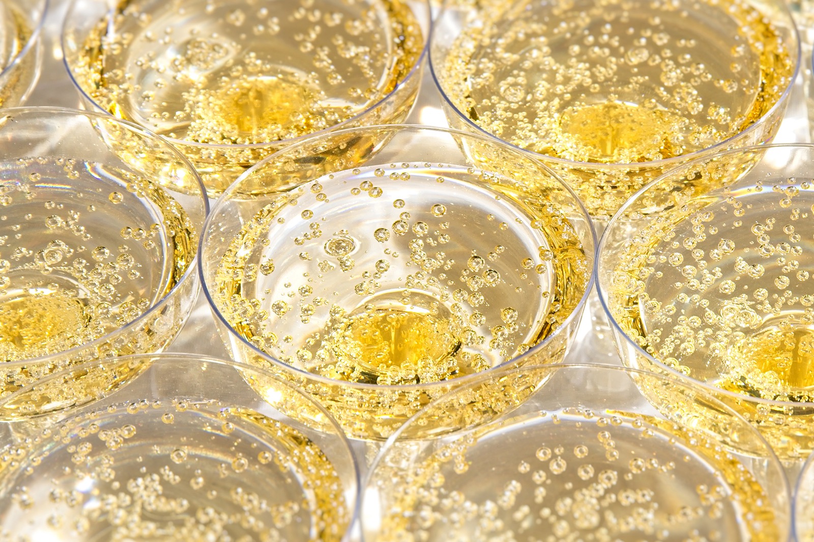 Glasses with bubbling champagne at a wedding