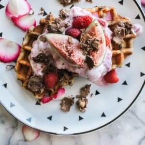 Pink Valentine's Day Quiz Waffles with rose cream and figs