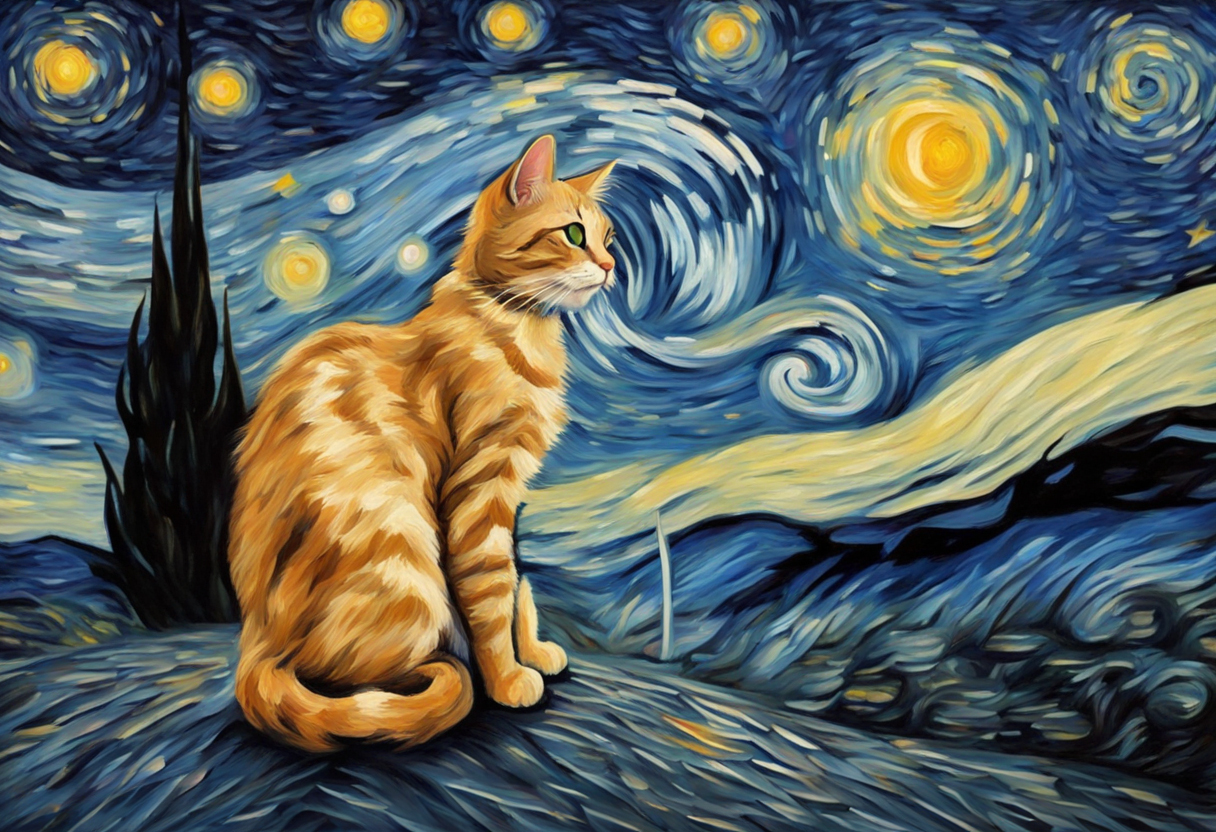 Cat painting with the starry night background in the style of Van Gogh