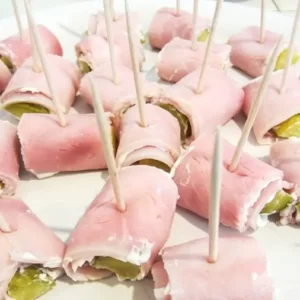 Pink Buffet Quiz Pickle & ham pinwheels