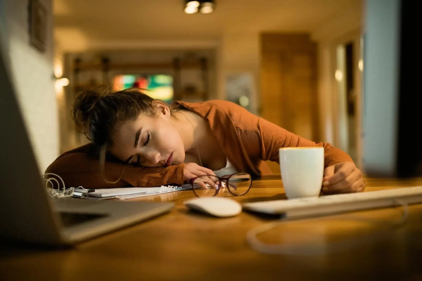 Tired exhausted overworked woman student