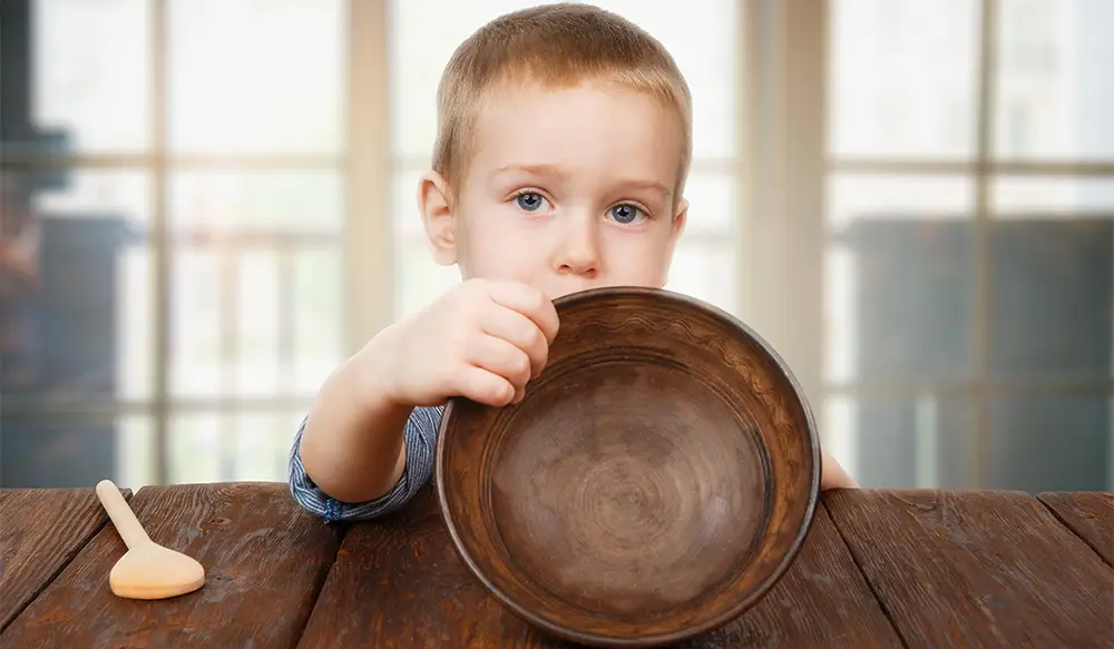 World Food Day Quiz Hungry child with empty bowl