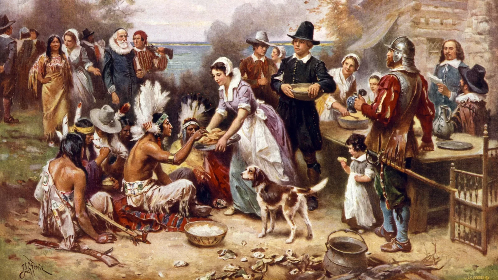 First Thanksgiving pilgrims and native Americans