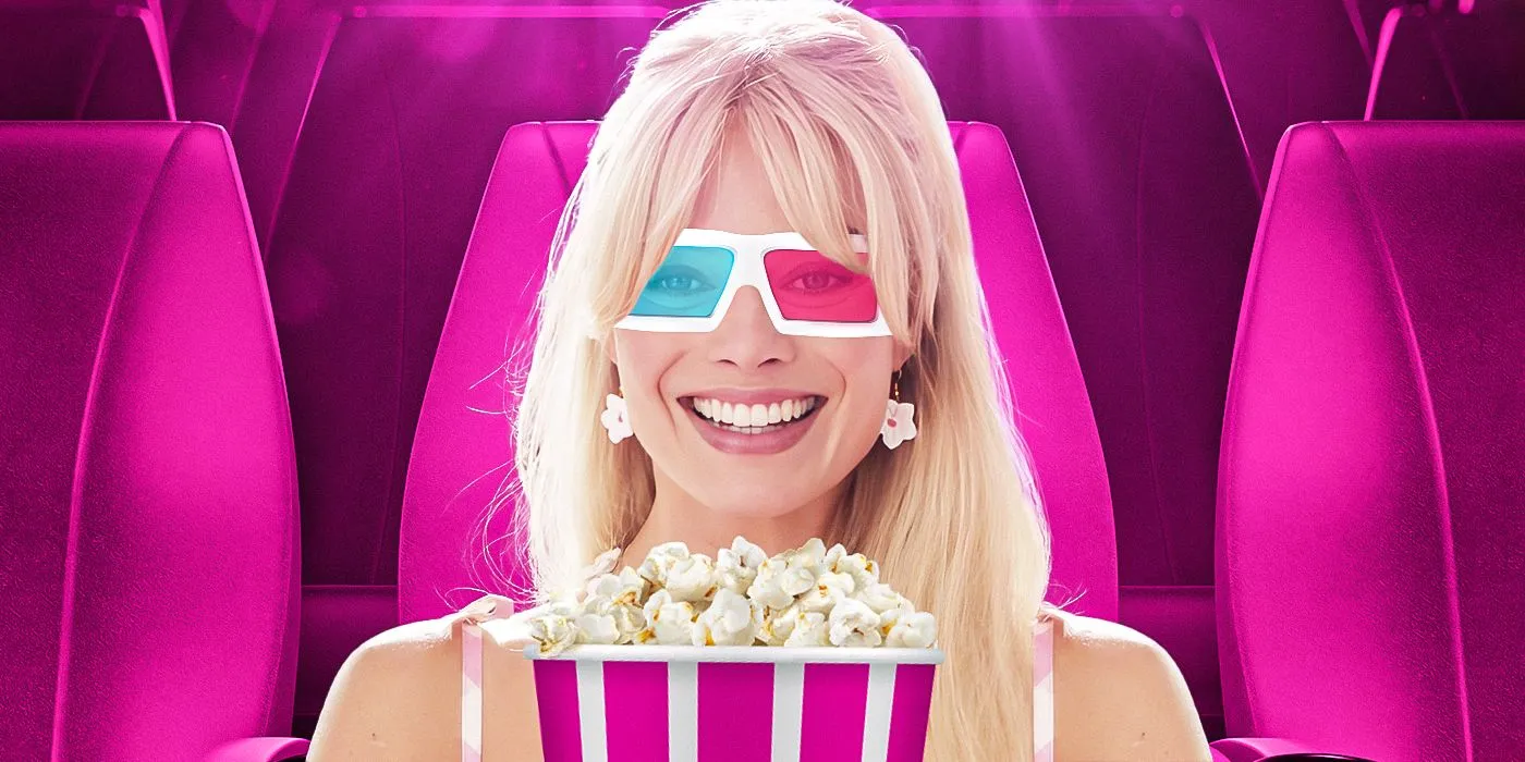 What's Pink? General Knowledge Quiz Margot Robbie Barbie watching 3D movie in cinema